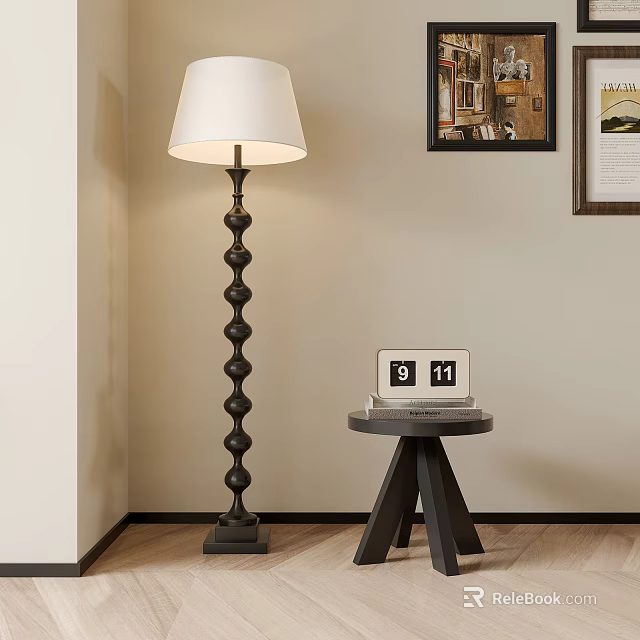 Black Spiral Floor Lamp in Beige Room with Wooden Floor and Triangle Side Table 3d model 