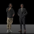 Two Men Standing Against Black Background In Casual And Formal Clothing