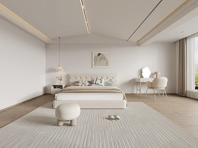 Minimalist White Bedroom Interior Design With Bed Rug Dressing Table Chair And Bedside Lamp 3d model