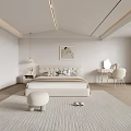 Minimalist White Bedroom Interior Design With Bed Rug Dressing Table Chair And Bedside Lamp