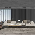 Modern Living Room Interior With Gray Sectional Sofa Wooden Wall And Floor To Ceiling Windows
