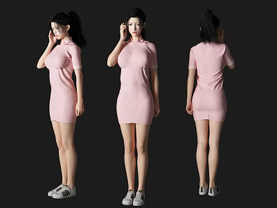 Woman in Pink Dress with Ponytail and Gray Sneakers Front Side Back Views 3d model
