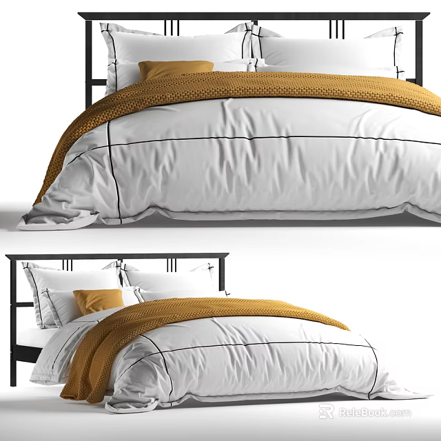 Double Bed with Black Metal Frame White Comforter and Orange Accent Pillows 3d model 