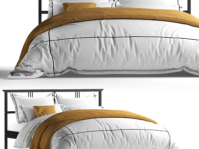 Double Bed with Black Metal Frame White Comforter and Orange Accent Pillows 3d model