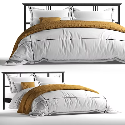 Double Bed with Black Metal Frame White Comforter and Orange Accent Pillows 3d model