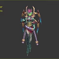 Mythical Female Character in Ornate Red Gold Costume with Winged Headdress and Blue Accents Standing