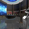 Modern Lobby Interior With Circular Reception Desk Blue Digital Screen And Chinese Characters