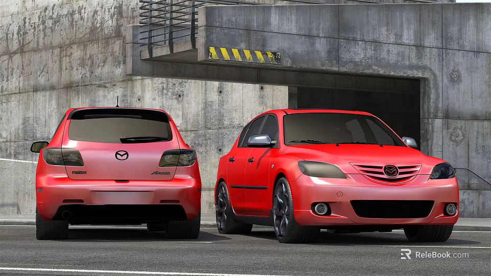 Two Red Cars Parked Near Concrete Garage Entrance With Yellow Black Warning Stripes 3d model 