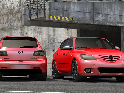 Two Red Cars Parked Near Concrete Garage Entrance With Yellow Black Warning Stripes 3d model