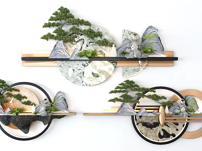 Chinese Style Wall Decor With Circular Design Rock Formations And Pine Trees 3d model