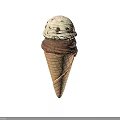 Delicious Ice Cream Cone With Vanilla Chocolate Chip And Chocolate Scoops In Waffle Cone