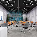 Modern School Classroom With Hexagonal Lights And Large Screen 3d model