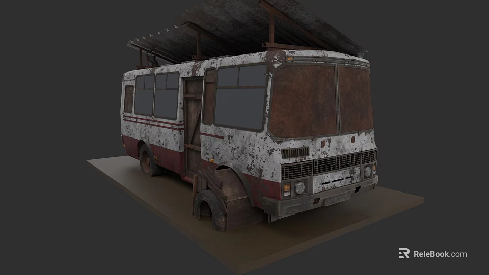 Old Rusty Abandoned Bus With Worn Exterior And Broken Roof Canopy 3d model 
