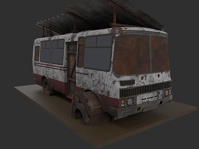 Old Rusty Abandoned Bus With Worn Exterior And Broken Roof Canopy 3d model