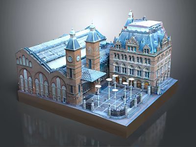 Detailed Historic Architecture Model Showcasing Clock Tower Arched Windows Roof Design Plaza and Street Lamps 3d model