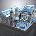 Detailed Historic Architecture Model Showcasing Clock Tower Arched Windows Roof Design Plaza and Street Lamps