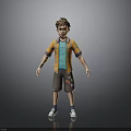 3D Boy Character Model Wearing Striped Orange Shirt Blue T-shirt Brown Shorts with Colorful Patches