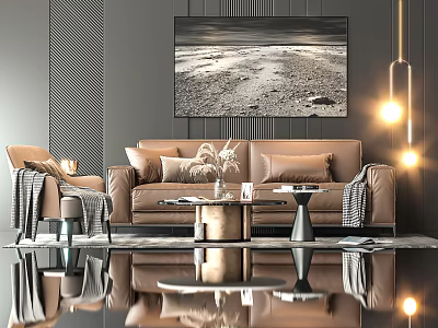 Modern Sofa Coffee Table Set With Decorative Wall Art And Pendant Lighting 3d model