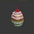 Freshly Baked Cupcake With White Cream Cherry Topping And Green Cloud Paper Cup