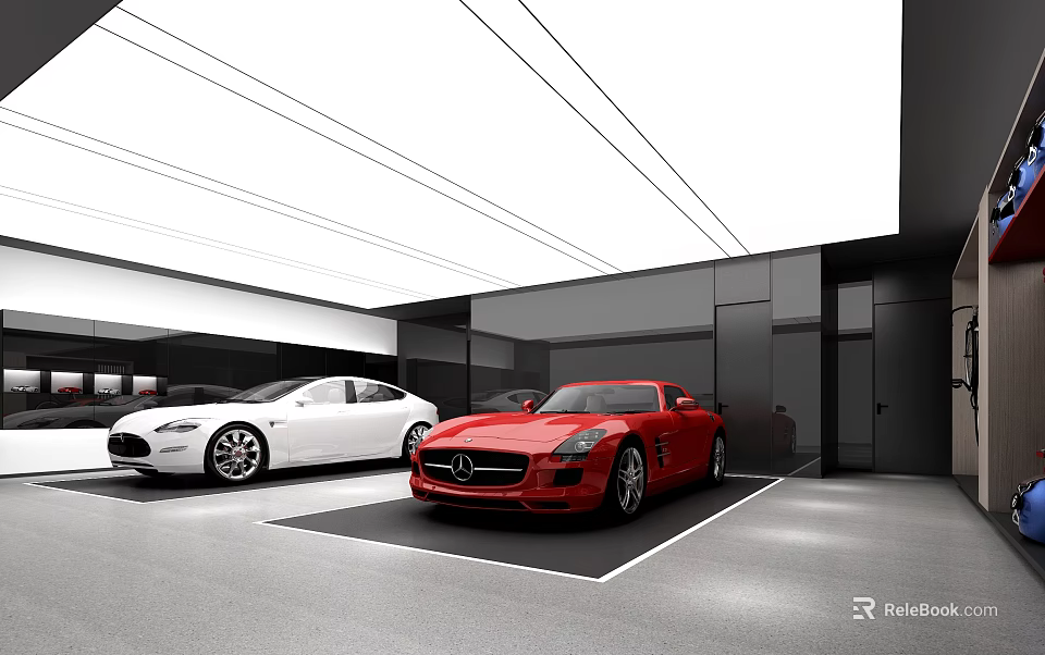 Modern Parking Garage Interior With Red And White Sports Cars And Sleek Lighting 3d model 
