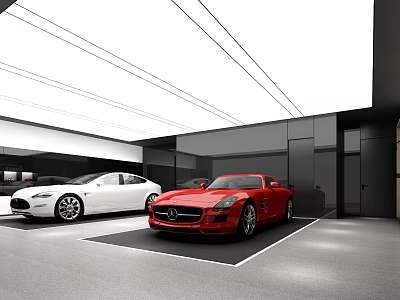 Modern Parking Garage Interior With Red And White Sports Cars And Sleek Lighting 3d model