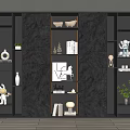 Modern Luxury Black Bookcase With Lighting Stone Texture Wall Books Ornaments And Green Plants