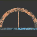 Weathered Arched Structure Featuring Orange Blue Hues With Two Wooden Support Sticks On Blue Base