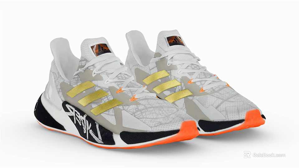 White Gold Stripe Running Shoes With Geometric Pattern Orange Sole And Ray Logo 3d model 