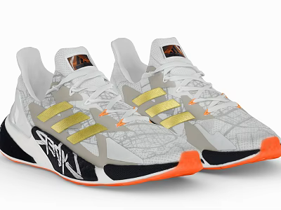 White Gold Stripe Running Shoes With Geometric Pattern Orange Sole And Ray Logo 3d model