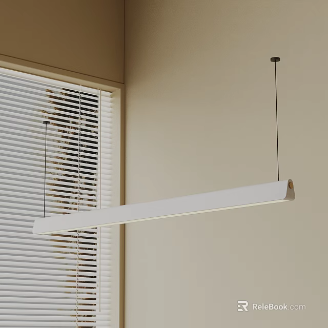 Modern Linear White Pendant Light in Minimalist Interior with Window Blinds 3d model 