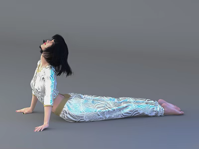 Woman Stretching On Floor In White Top And Patterned Pants With Gray Background 3d model