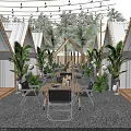 Outdoor Café With Tent like Structures String Lights Green Plants Wooden Tables on Gravel Floor
