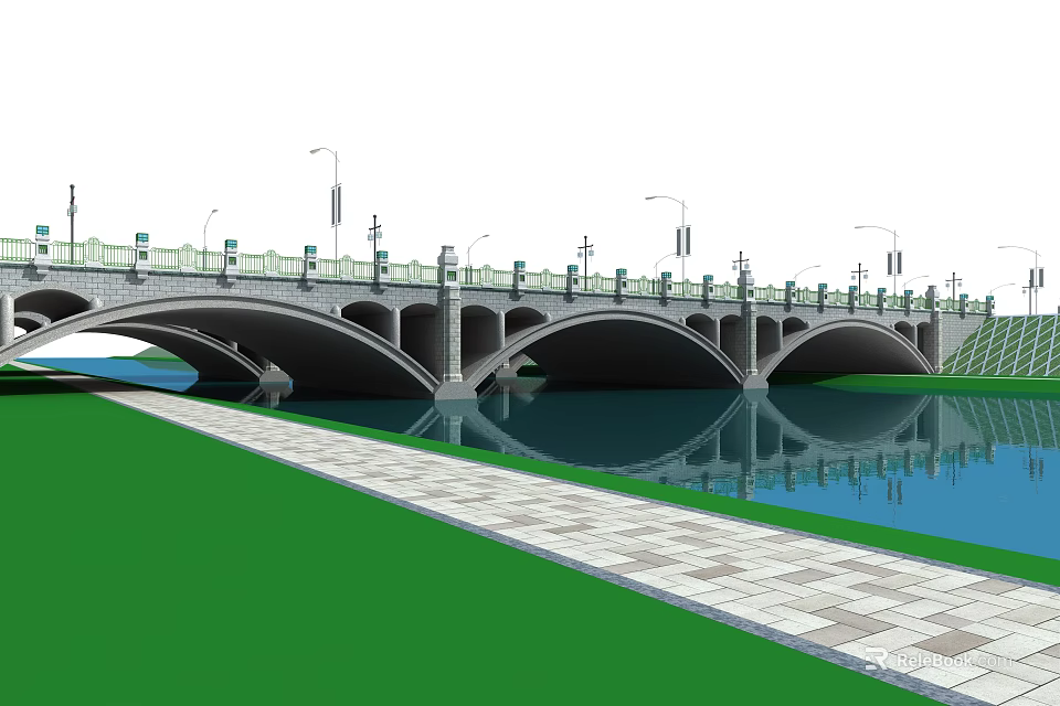 Scenic Arched Bridge Over River With Street Lamps Green Grass And Paved Walkway 3d model 