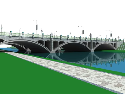 Scenic Arched Bridge Over River With Street Lamps Green Grass And Paved Walkway 3d model