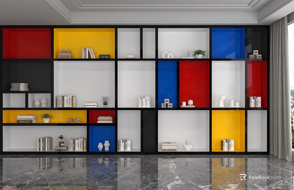 Colorful Storage Shelf With Red Yellow Blue Compartments Books And Decorative Items 3d model 