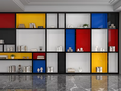 Colorful Storage Shelf With Red Yellow Blue Compartments Books And Decorative Items 3d model