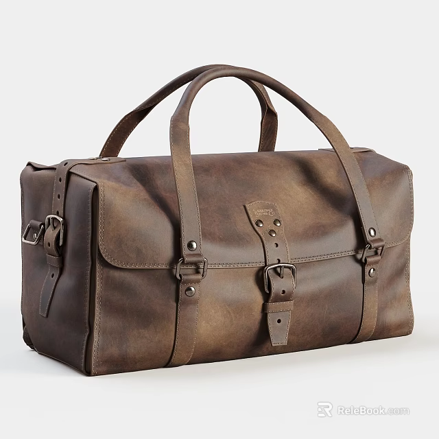 Vintage Brown Leather Duffel Bag With Brass Buckles And Leather Straps 3d model 
