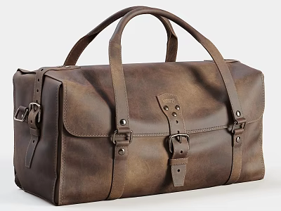Vintage Brown Leather Duffel Bag With Brass Buckles And Leather Straps 3d model