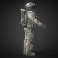 Man In Detailed White Astronaut Suit Standing Against Dark Background