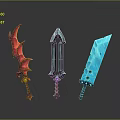 Colorful Fantasy Weapons With Spiked Red Blue And Hole Patterned Light Blue Designs