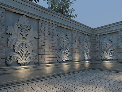 Stone Background Wall With Carved Floral Patterns And Brick Texture In Outdoor Courtyard 3d model