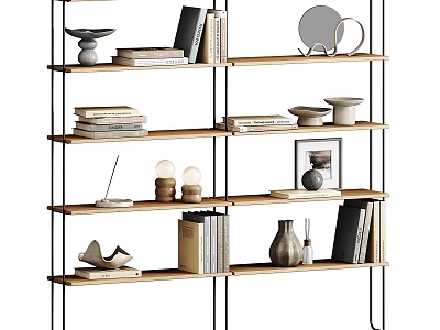 Modern Wooden Shelving Unit With Black Frame Multiple Layers Books And Decorative Items 3d model