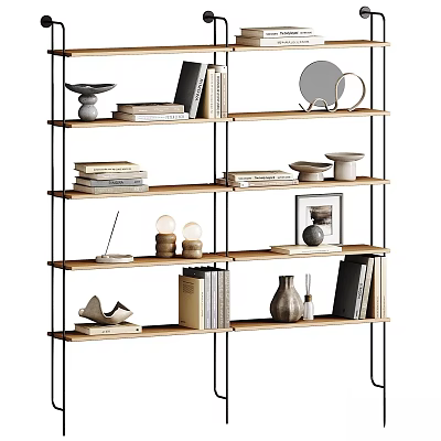 Modern Wooden Shelving Unit With Black Frame Multiple Layers Books And Decorative Items 3d model