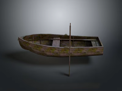 Old Wooden Boat With Wooden Oar And Weathered Surface On Gray Background 3d model