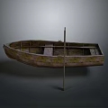 Old Wooden Boat With Wooden Oar And Weathered Surface On Gray Background