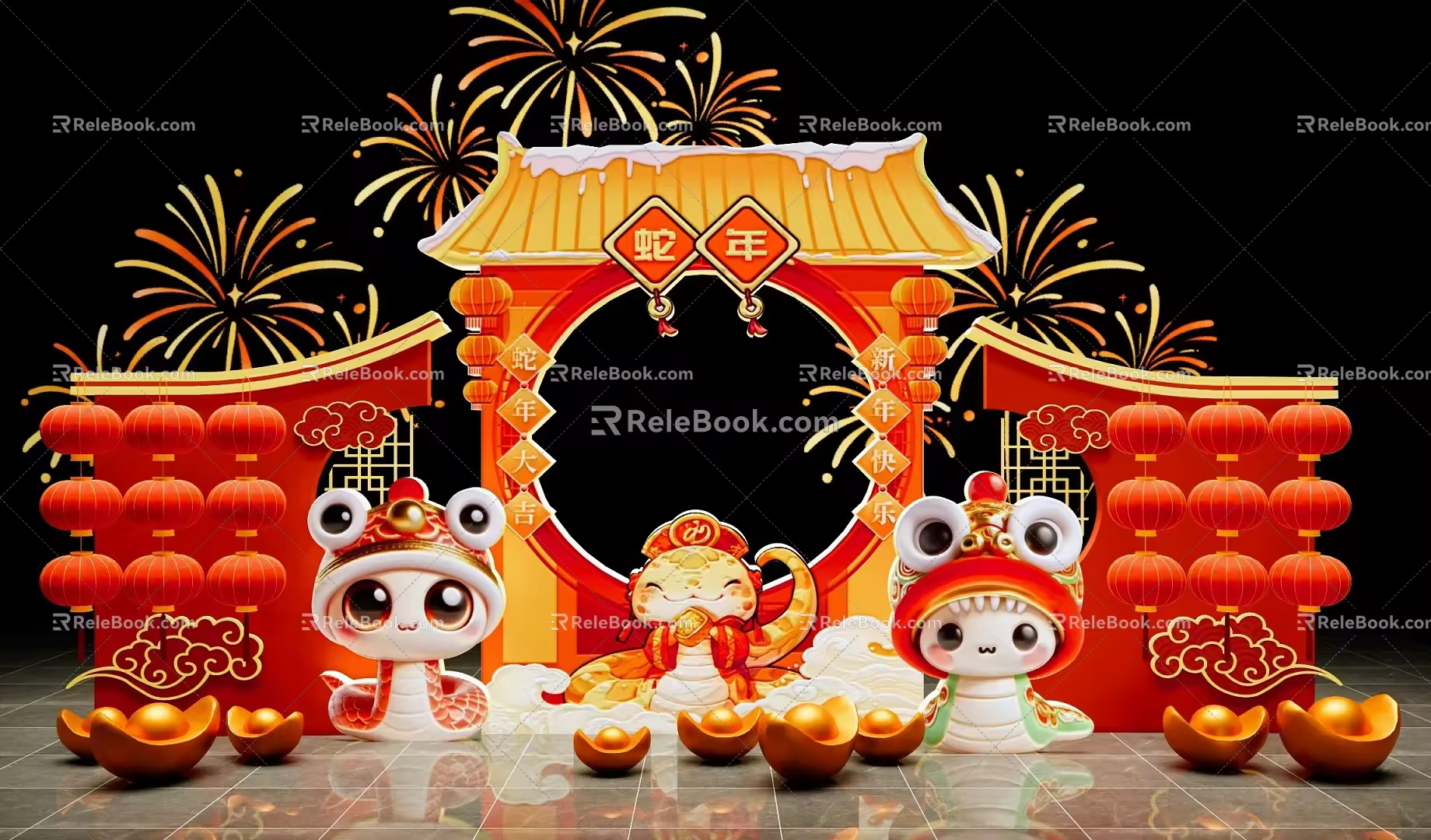 New Chinese Style Meichen Guochao Year of the Snake Spring Festival Meichen Lantern Festival New Year Festival Meichen New Year Atmosphere Net Celebrity Punch-in Spring Festival Red Lantern Decoration Year of the Snake New Year Punch-in Device 3d model