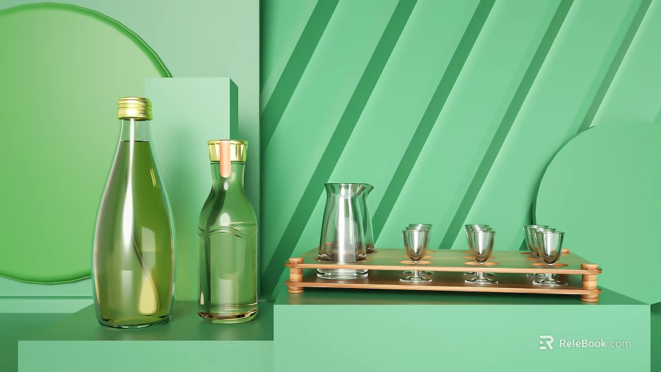 Stylish Ceramic Bottles Jug and Cups with Golden Lids Green Background Wooden Tray 3d model 