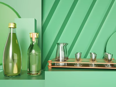 Stylish Ceramic Bottles Jug and Cups with Golden Lids Green Background Wooden Tray 3d model