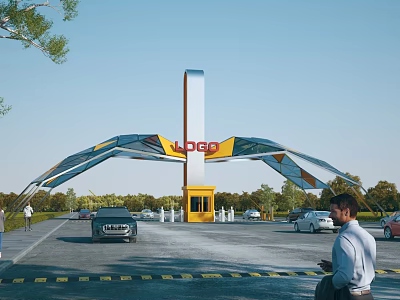 Modern Arched Entrance Gate Featuring Yellow Pillar LOGO Sign Moving Vehicles Surrounded By Green Trees 3d model