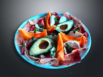 Fresh Avocado Halves With Prosciutto Slices Papaya Chunks And Fresh Herbs On Blue Plate 3d model